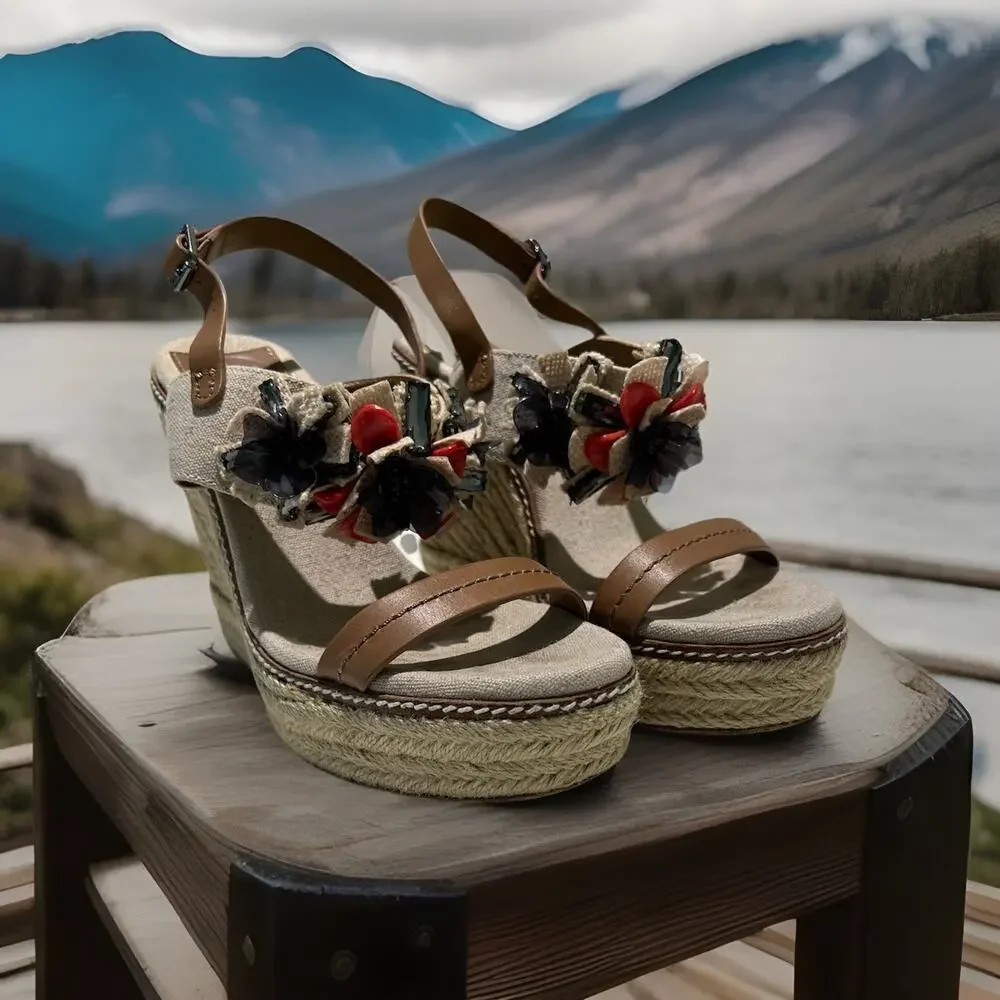 Tory Burch Canvas Leather Espadrille Wedge Sandal Size 8M Beige Brown